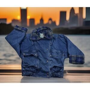 Vintage Jean Oversized Bomber Jacket with Tartan Plaid Lining Boyfriend